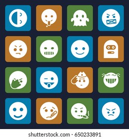 Smiley icons set. set of 16 smiley filled icons such as smiling emot, angry emot, emoji showing tongue, ghost