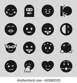 Smiley icons set. set of 16 smiley filled icons such as smiling emot, blush, wink emot, emoji in mask, emoji showing tongue, dancing emoji