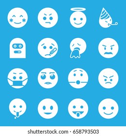 Smiley icons set. set of 16 smiley filled icons such as smiling emot, blush, angry emot, emoji angel, emoji in mask