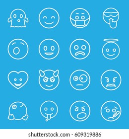 Smiley icons set. set of 16 smiley outline icons such as heart face, smiling emot, angry emot, emoji angel, ghost, emoji in mask