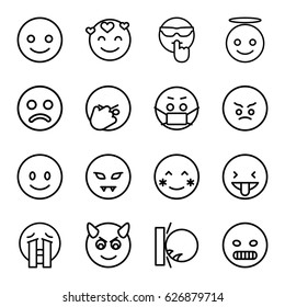 Smiley icons set. set of 16 smiley outline icons such as smiling emot, blush, angry emot, emoji angel, crying emoji, emoji in mask
