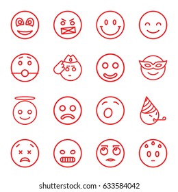 Smiley icons set. set of 16 smiley outline icons such as smiling emot, emoji in mask, angry emot, emoji angel