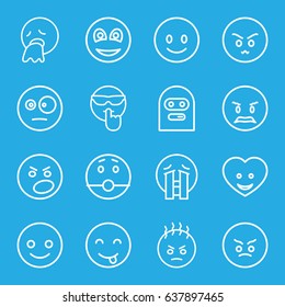 Smiley icons set. set of 16 smiley outline icons such as heart face, smiley, smiling emot, angry emot