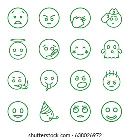 Smiley icons set. set of 16 smiley outline icons such as smiling emot, blush, angry emot, emoji angel, ghost, emoji showing tongue