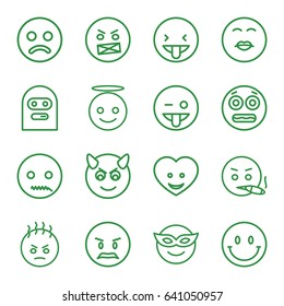 Smiley icons set. set of 16 smiley outline icons such as heart face, emoji in mask, angry emot, emoji showing tongue