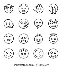 Smiley icons set. set of 16 smiley outline icons such as smiling emot, emoji in mask, sweating emot, emoji angel, smile