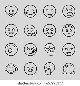 Smiley icons set. set of 16 smiley outline icons such as heart face, smiling emot, blush, angry emot, emoji, dancing emoji