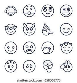 Smiley icons set. set of 16 smiley outline icons such as smiling emot, emoji in mask, angry emot