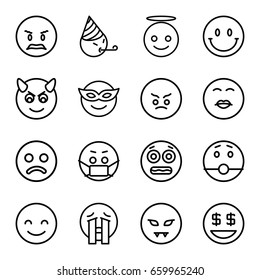 Smiley icons set. set of 16 smiley outline icons such as smiling emot, emoji in mask, angry 