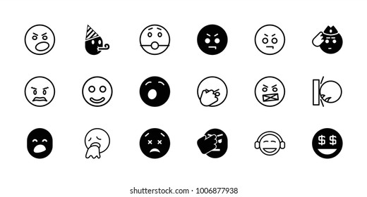 Smiley icons. set of 18 editable filled and outline smiley icons: angry emot, yawn emot, dollar smiley, smile