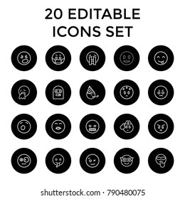 Smiley icons. set of 20 editable outline smiley icons such as wink emot, emoji in mask, angry emot, crying emoji. best quality smiley elements in trendy style.