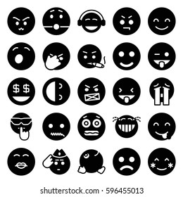 smiley icons set. Set of 25 smiley filled icons such as blush, smiling emot, angry emot, emoji showing tongue, emoji