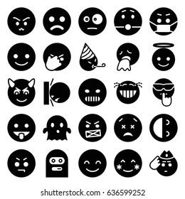 Smiley icons set. set of 25 smiley filled icons such as smiling emot, blush, angry emot, emoji angel, ghost, emoji in mask
