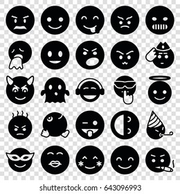 Smiley icons set. set of 25 smiley filled icons such as smiling emot, blush, emoji in mask, angry emot, emoji showing tongue