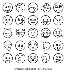 Smiley icons set. set of 25 smiley outline icons such as wink emot, angry emot, emoji angel, emoji in mask