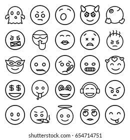 Smiley icons set. set of 25 smiley outline icons such as smiling emot, emoji in mask, angry emot, emoji angel