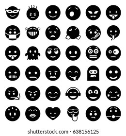Smiley icons set. set of 36 smiley filled icons such as smiling emot, blush, emoji in mask, angry emot, emoji, ghost, heart face, smiley