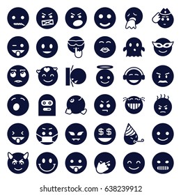 Smiley icons set. set of 36 smiley filled icons such as smiling emot, emoji in mask, angry emot, emoji showing tongue, ghost