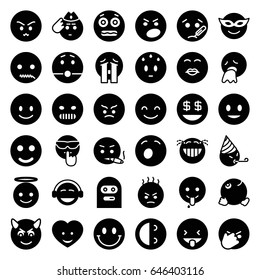Smiley icons set. set of 36 smiley filled icons such as smiling emot, emoji in mask, angry emot, emoji angel, heart face