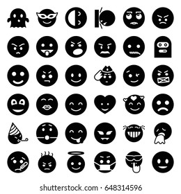 Smiley icons set. set of 36 smiley filled icons such as smiling emot, wink emot, emoji in mask, emoji angel, ghost, heart face