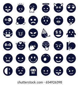 Smiley icons set. set of 36 smiley filled icons such as smiling emot, wink, emoji showing tongue, angel, ghost