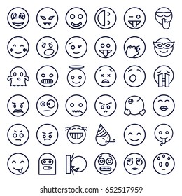 Smiley icons set. set of 36 smiley outline icons such as smiley, blush, wink emot, smiling emot, emoji in mask, emoji showing tongue, ghost