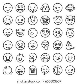 Smiley icons set. set of 36 smiley outline icons such as heart face, smiling emot, wink emot, emoji angel, emoji