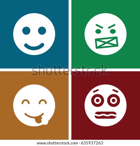Smiley icons set. set of 4 smiley filled icons such as emot showing tongue, angry emot, shocked emoji