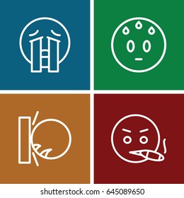 Smiley icons set. set of 4 smiley outline icons such as sweating emot, hit the wall emot, smoking emot