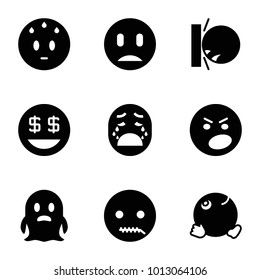 Smiley icons. set of 9 editable filled smiley icons such as sweating emot, angry emot, dancing emoji, ghost