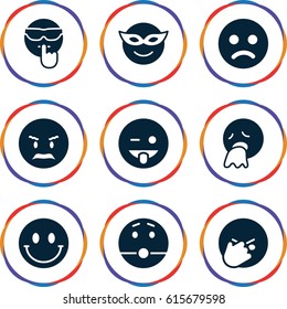 Smiley icons set. set of 9 smiley filled icons such as emoji in mask, angry emot, emoji showing tongue