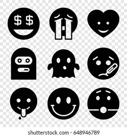 Smiley icons set. set of 9 smiley filled icons such as sick emot, thief emot, ghost, crying emoji, surprised emot, emoji showing tongue