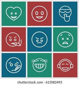 Smiley icons set. set of 9 smiley outline icons such as heart face, smiling emot, angry emot