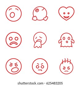 Smiley icons set. set of 9 smiley outline icons such as heart face, angry emot, yawn emot, vomiting emot, ghost, dancing emoji