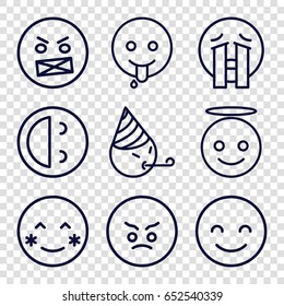 Smiley icons set. set of 9 smiley outline icons such as blush, smiling emot, angry emot, emoji angel, crying emoji