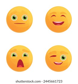 Iconos sonrientes Vector de dibujos animados. Sonríe con la expresión de una emoción diferente. Elemento de comunicación de chat