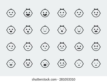 Smiley icons, vector set of varied baby faces expressions