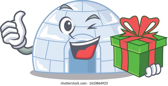 Smiley igloo character with gift in box