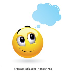 Smiley and imagination. High quality vector illustration of thoughtful smiley with cloud above his head.
