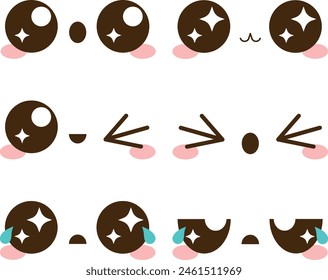 Smiley kawaii emoji vector set. Emoticon cute chibi smileys cartoon in happy kawaii face reaction collection isolated in white background for facial expression doodle art design