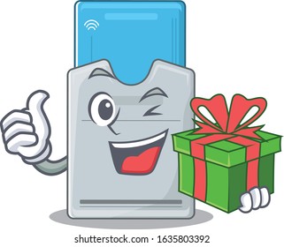 Smiley key card character with gift box
