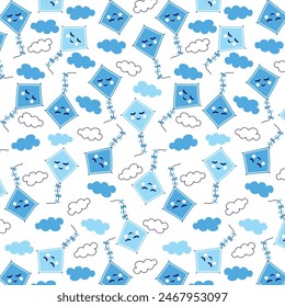 Smiley kites and cute clouds pattern