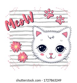 Smiley little cat saying Meow. Cute vector girly princess kitten. can be used for greeting card, t-shirt design, print or poster.