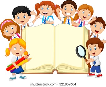 Smiley Little Kids Holding Book On Isolated Background 