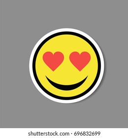 Smiley love heart eyes sticker. Vector illustration.