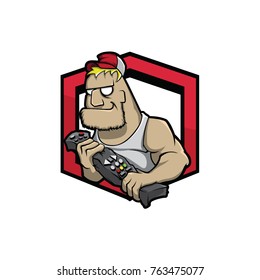 Smiley man vector color drawing mascot with trucker cap and television remote control
