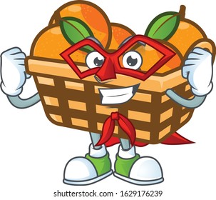 Smiley mascot of basket oranges dressed as a Super hero