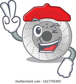 Smiley mascot of car brake cartoon Character with two fingers
