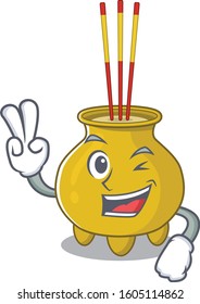 Smiley mascot of chinese incense cartoon Character with two fingers