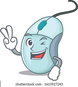 Smiley mascot of computer mouse cartoon Character with two fingers